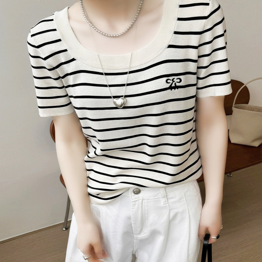 2025 summer new style chest logo color-blocking striped jacquard high-end loose short-sleeved ice silk sweater top for women
