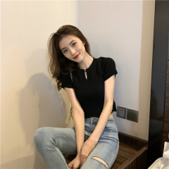 Real shot of summer Korean version solid color slim short knitted top