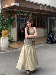 實拍 山霧竹影~重工貝殼流蘇拼接背心裙連衣裙