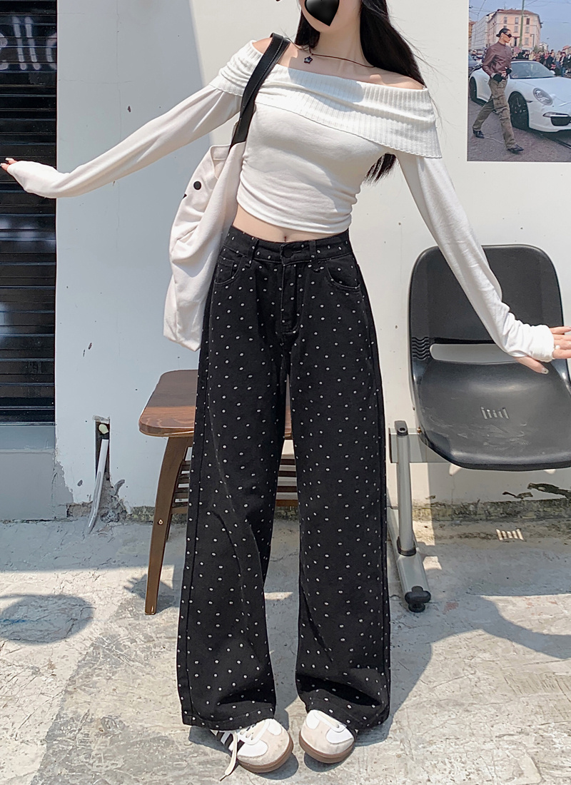 Real shot of 2025 spring versatile loose slim trousers retro black polka dot high waist straight jeans