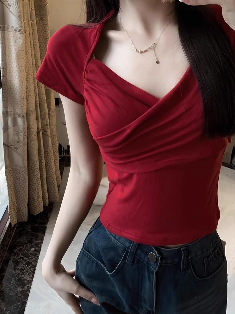 已出貨 羅紋 紅色交叉v領短袖辣妹修身別致短款上衣