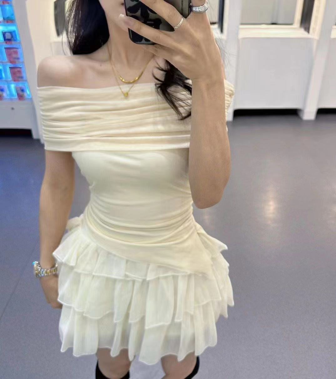 Summer pure and sweet spicy mesh short-sleeved top cake skirt suit for women one-length two-piece set