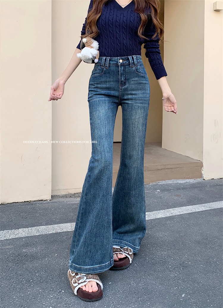 Real shot ~ New early spring retro jeans for women with high waist slim A-line slim elastic micro-flop trousers