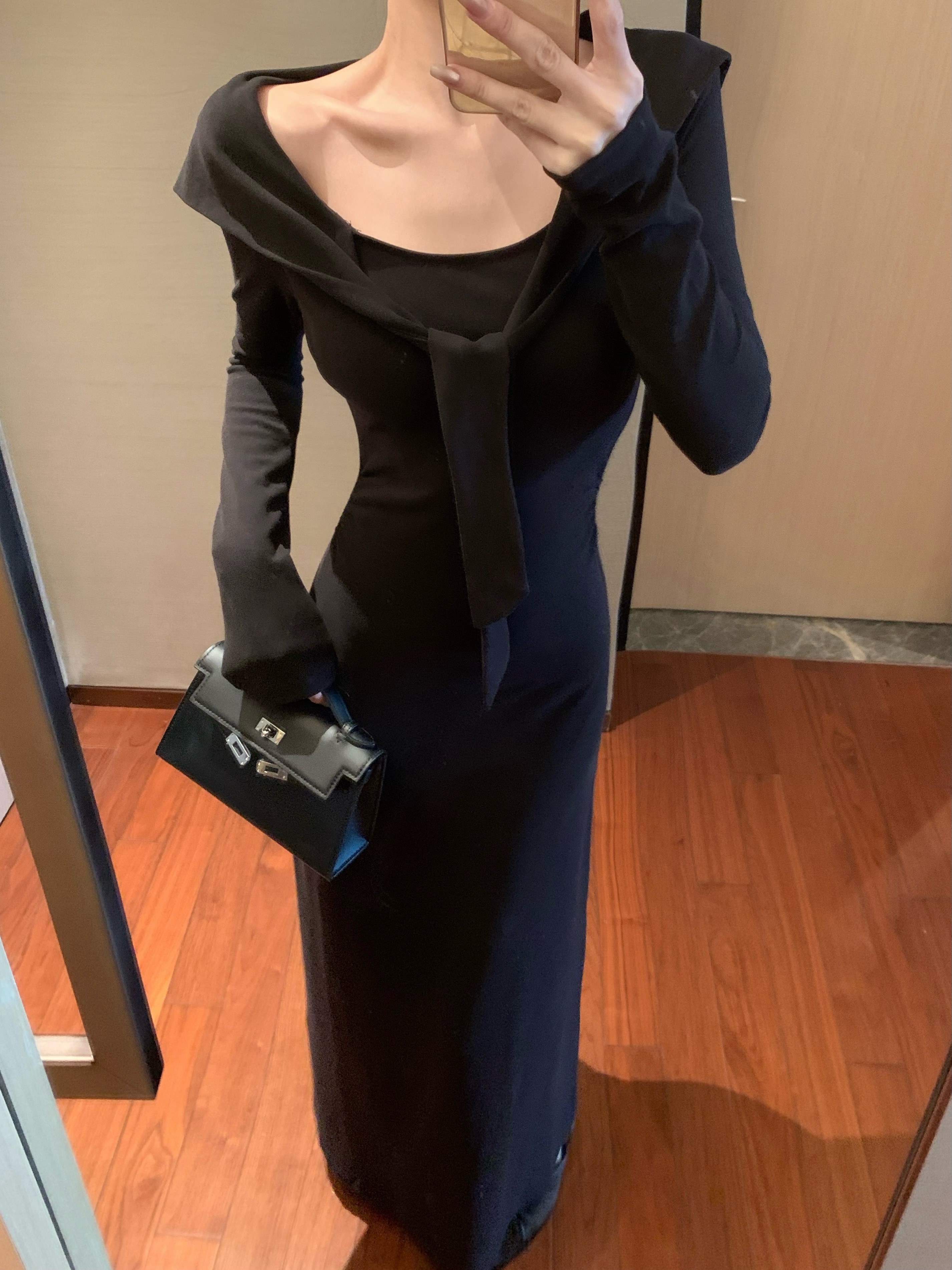 Real shot, new layered shawl neckline, slim long-sleeved dress