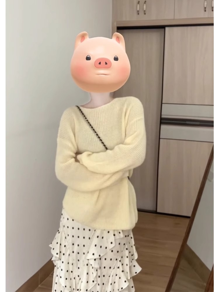 Lazy cream yellow mohair sweater blouse for women thin 2025 spring loose knitted sweater bright top
