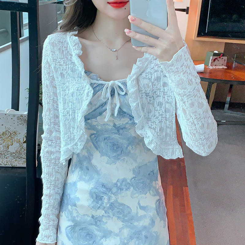 Shipped 2025 Spring and Summer New Short Ruffle-Black Lace Sunscreen Shirt Long Sleeve Lace Cardigan