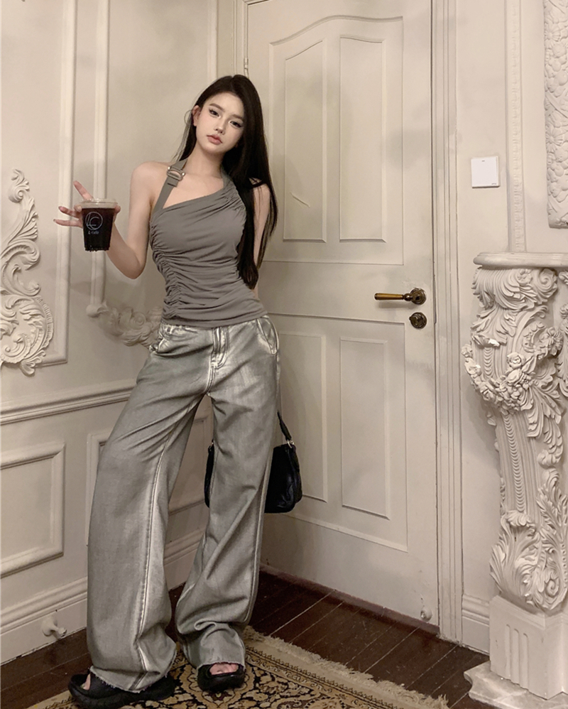Real shot of summer retro sexy irregular vest halter neck top + high waist loose slim jeans for women