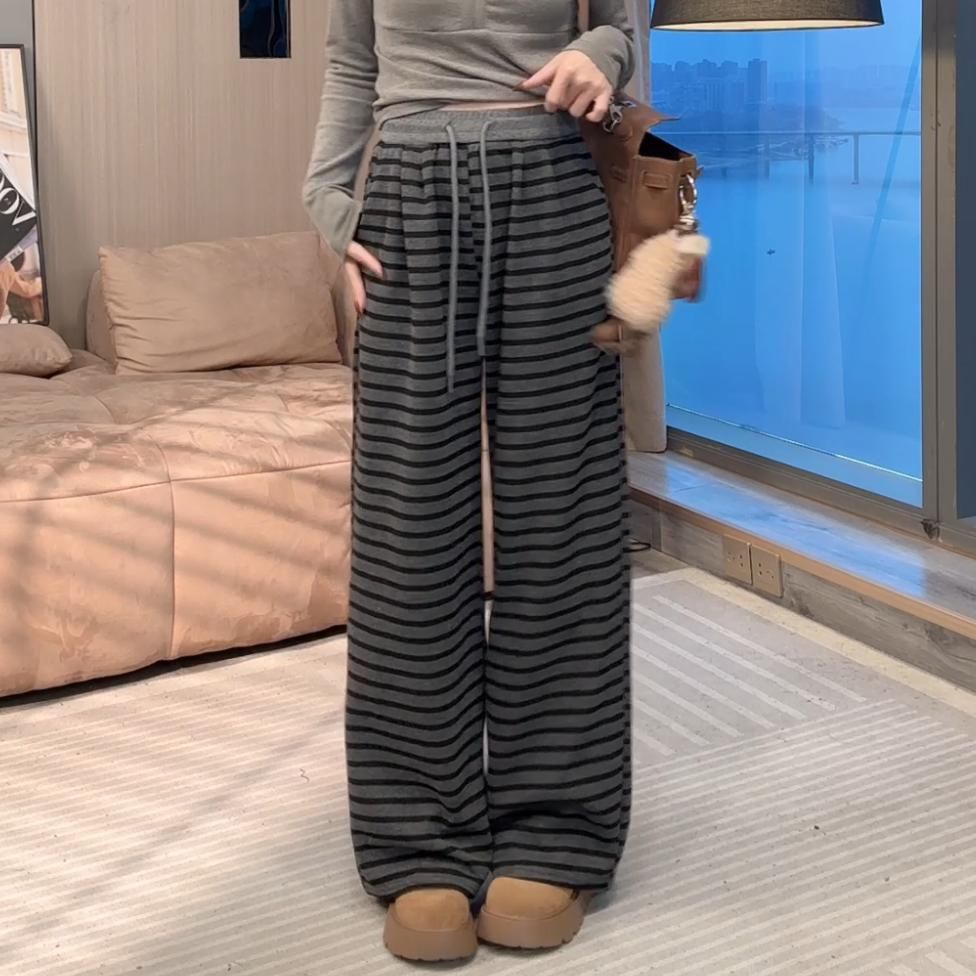 Women's Versatile Casual Ins Slimming Striped Knit Floor-Length Pants in Laid-back Style 2025 New