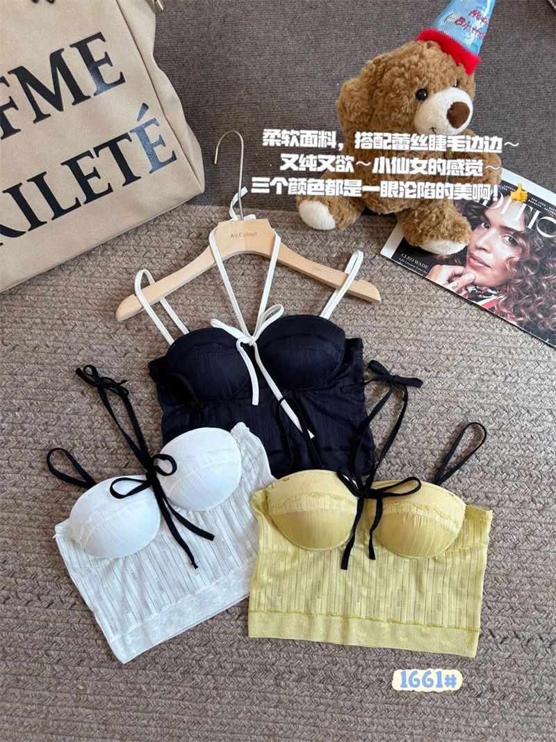 性感蕾絲帶胸墊吊帶背心內搭女冬季蝴蝶結無鋼圈胸衣抹胸