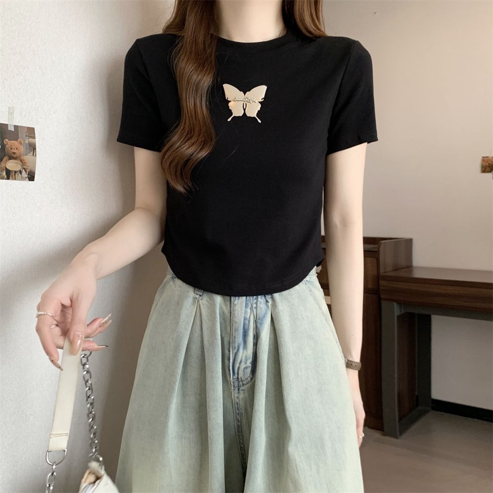 實拍  40支純棉210克92棉/8氨綸短袖T恤女別針蝴蝶結