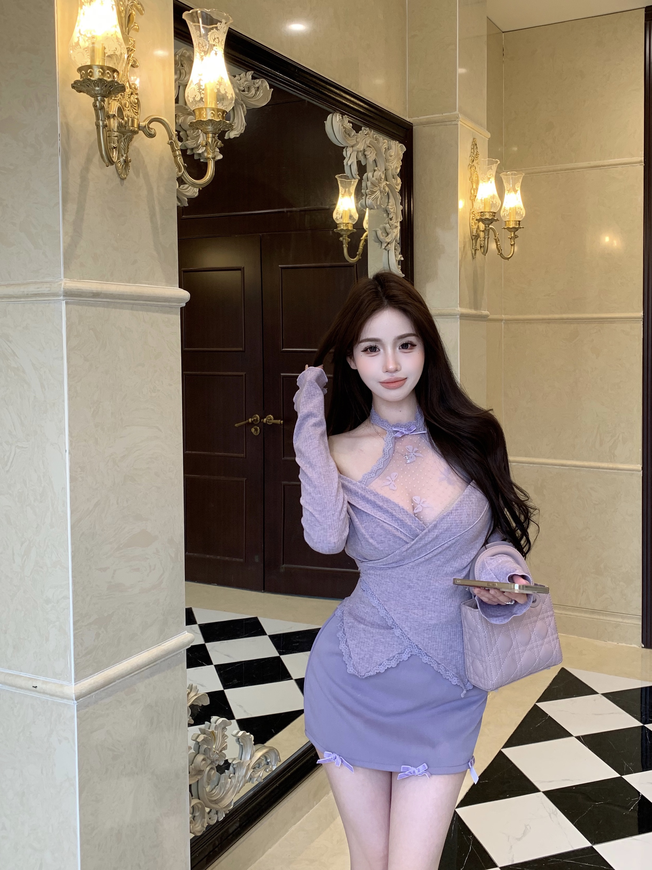 Real shot!  Ziwu Xinghe Set Slim and Slim Sweet Top Women's Half-Both Short Skirt Two-piece Set