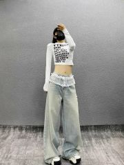 2025年新款春裝新款洗水工藝拼接蕾絲裙擺邊闊腿牛仔褲牛仔褲女