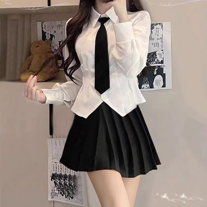 Academic-style JK uniform set white blouse women design-conscious cinched slim fit long-sleeved top petite short-sleeve shirt