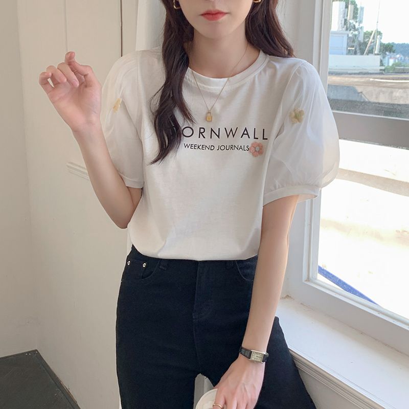 實拍後包領純棉T恤女短袖夏寬鬆正肩泡泡袖上衣設計感小眾