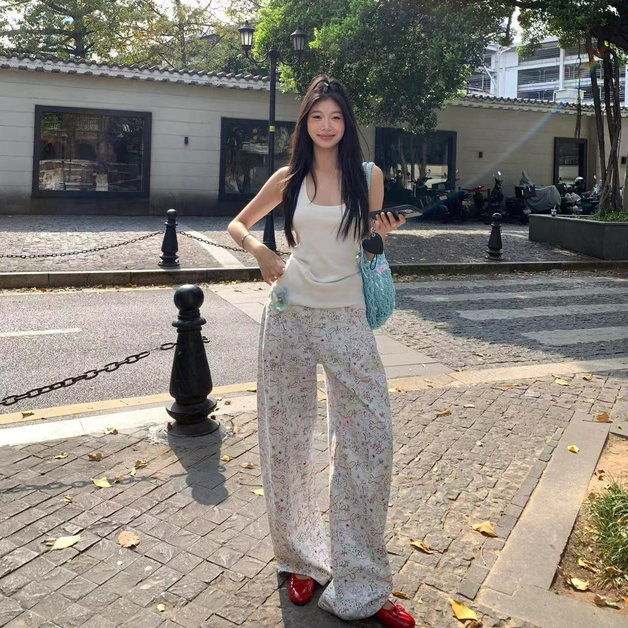 Sweet little fish jeans off-white cartoon printed straight loose wide-leg floor pants