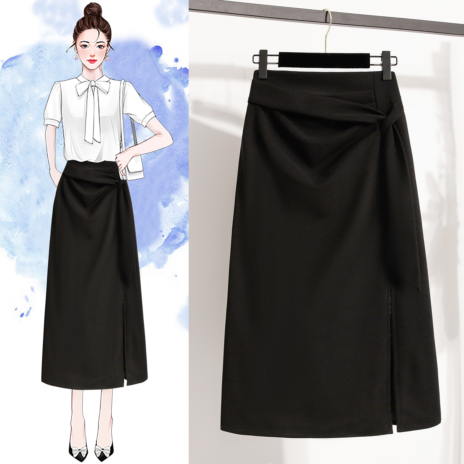 High waist slim and belly-covering skirt fat mm irregular straight slit A-shaped