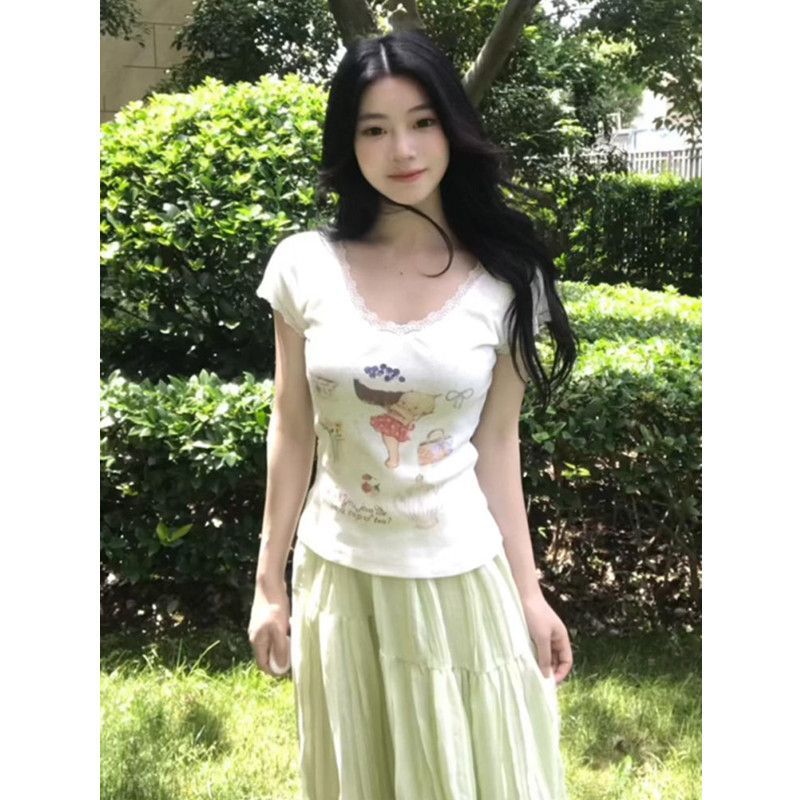 Official original fabric lace cartoon printed women's round neck slim body