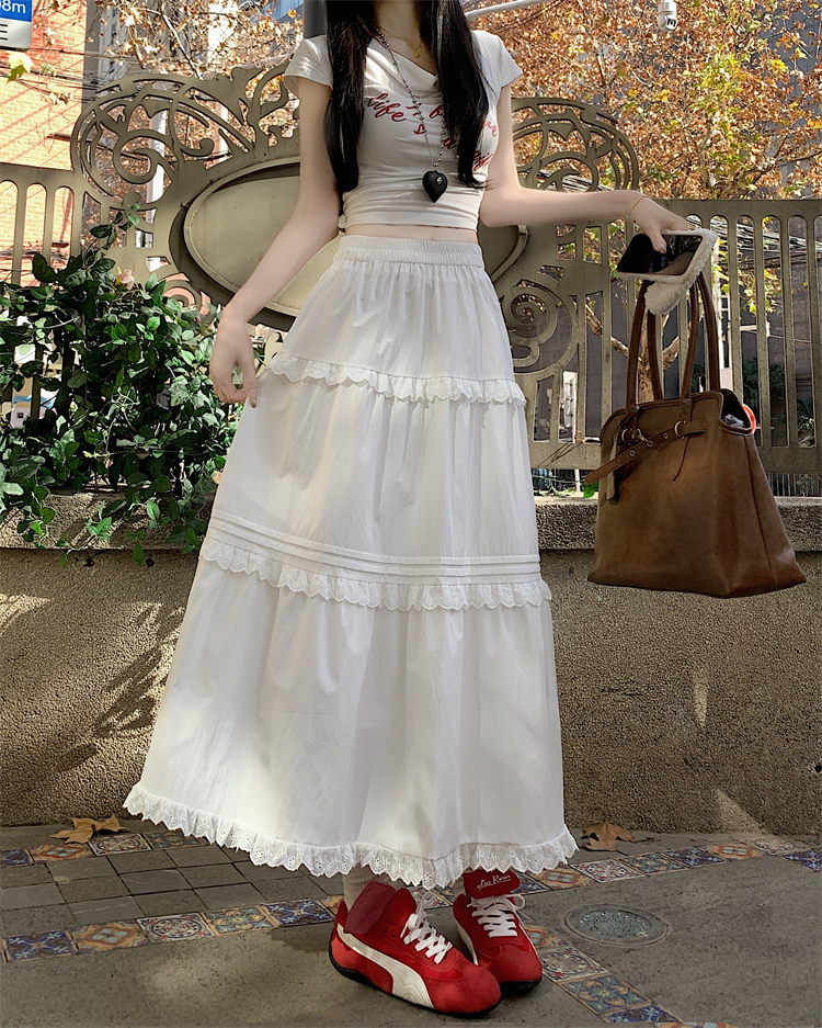 Real photo ~White lace cake skirt for women's new high-waisted design A-line versatile midi skirt