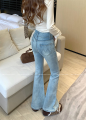 Real shot ~Spring micro-flare jeans for women's new high-waisted slim and stretchy floor trousers