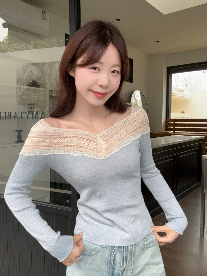 Real shot~ Korean pure lace splicing slim pullover one-length versatile sweater top
