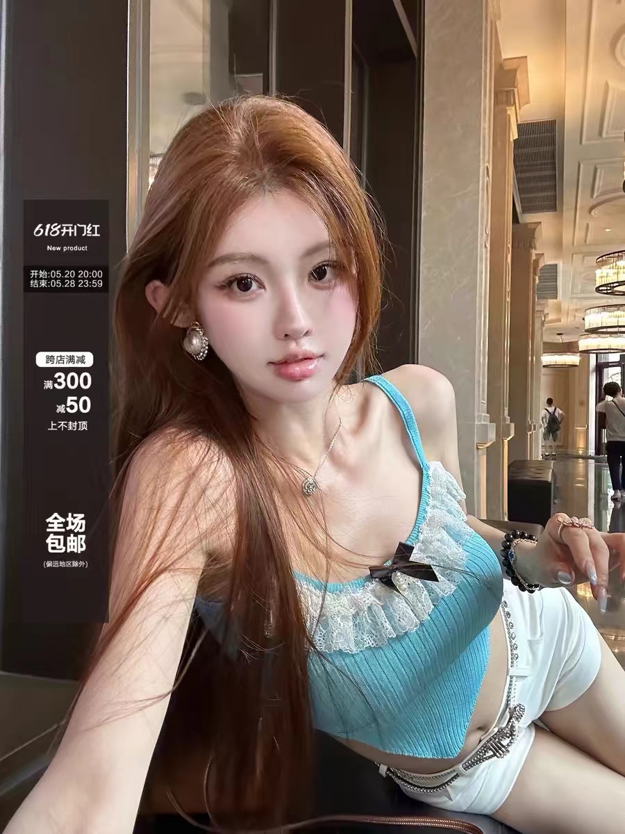 JOEY lace bow design knitted vest suspender for women's summer new slim and versatile base top