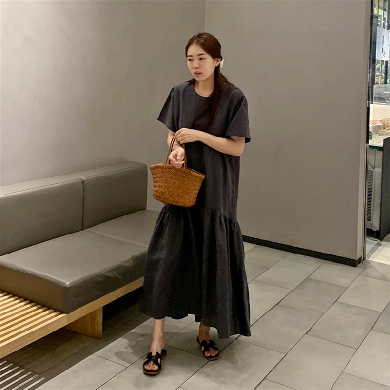New summer large size women's Korean version loose slim short-sleeved dress retro ankle long skirt M-4XL 200 catties
