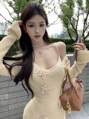 Real shot Pure sexy knitted dress with long sleeve autumn new skirt