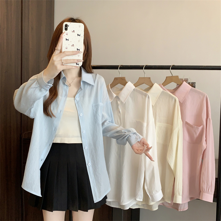 Large size blue long-sleeved shirt for women in spring and autumn thin outerwear shirt retro mid-length top