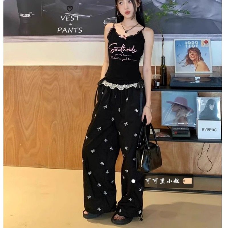 Bow lace spliced ​​wide-leg pants for women with high waist loose slim casual versatile trousers lazy walk pants