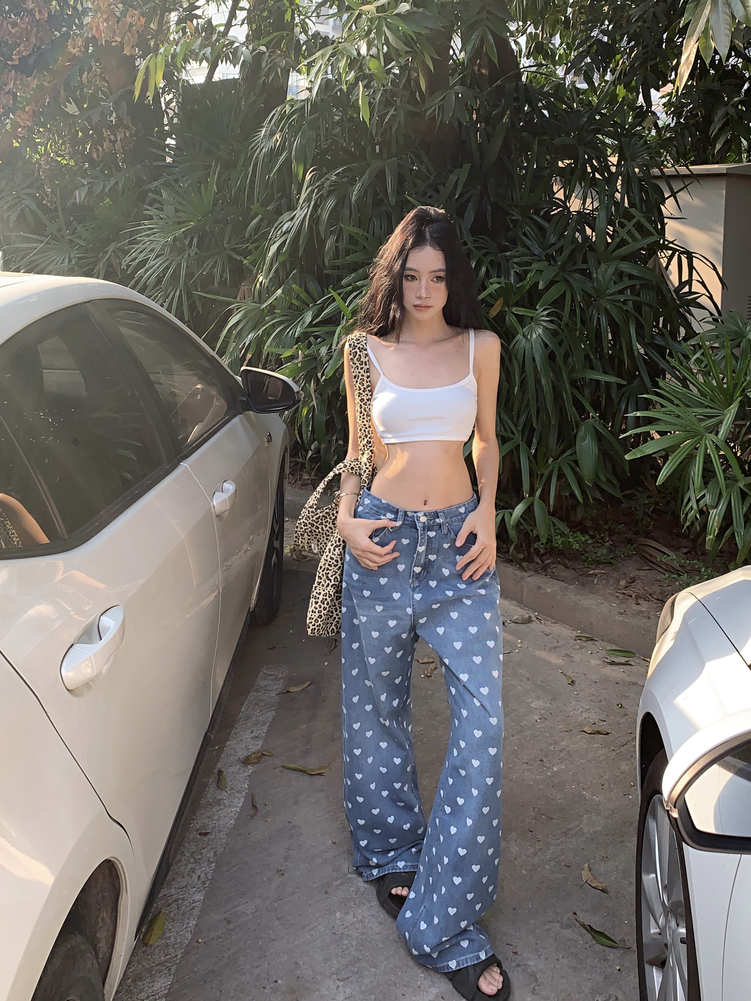 Real shot!  Fully printed love jeans trousers loose and versatile fashion casual straight pants for women