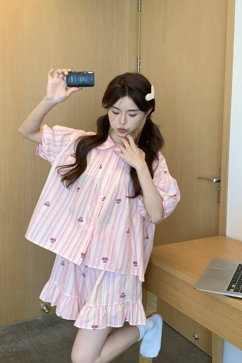 Real shot Korean version sweet, fresh, loose, breathable pure cotton cute cherry shorts shorts home clothing set