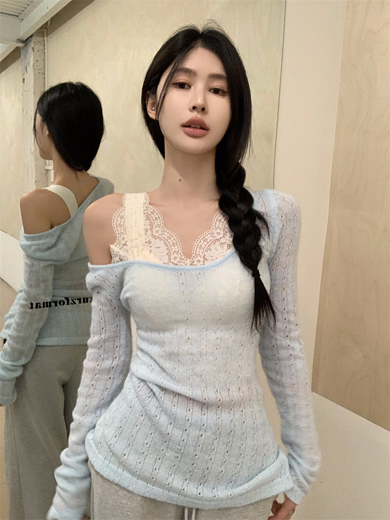 Real shot of women's spring thin design with large round neck sweater