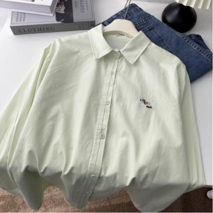 Casual solid color puppy embroidered shirt for women in 2025 Korean lazy fashion temperament loose and versatile sunscreen shirt