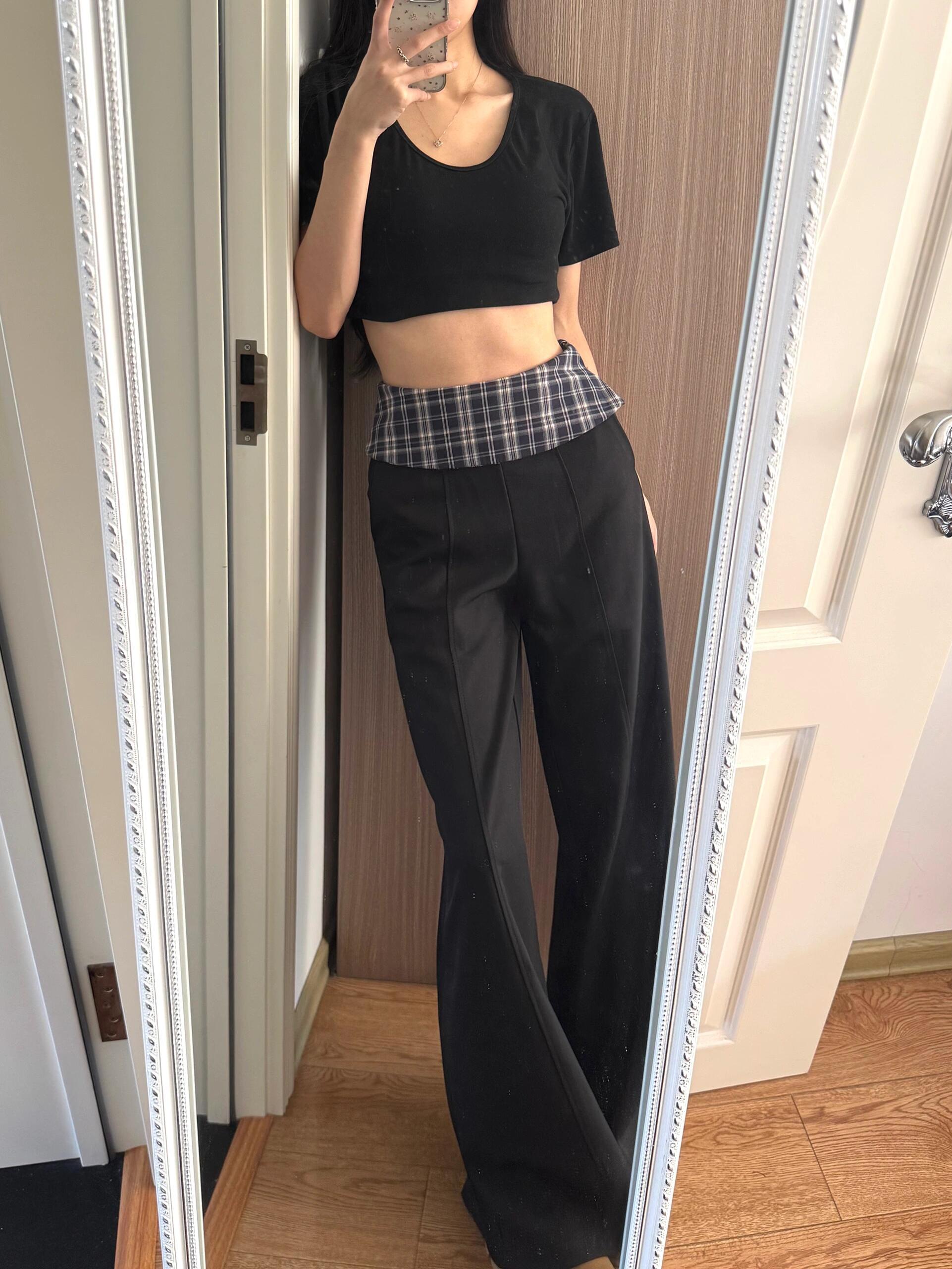 Three-dimensional waist #2025 early spring new black checked spliced ​​suit pants for women straight-leg casual pants