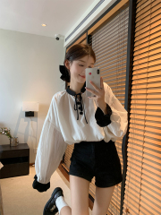 實拍 春季韓chic氣質大擺拼色圓領仙女襯衫~
