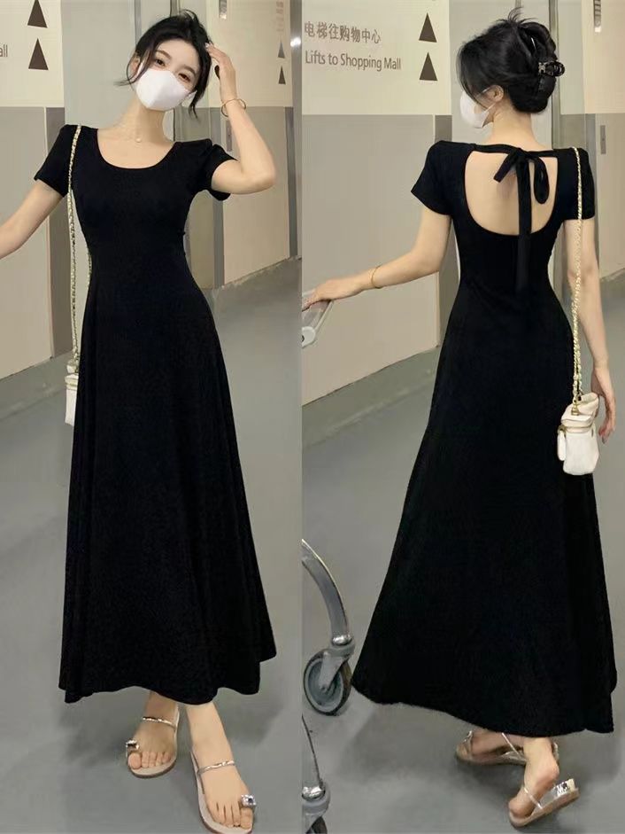 40 men's cotton 1*1 French retro Hepburn black backless dress summer slim waist-hugging long skirt