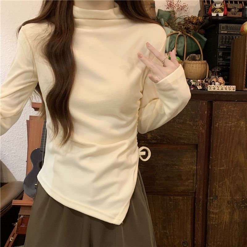 slim short pleated long-sleeved T-shirt with thickened thermal inner velvet base shirt top