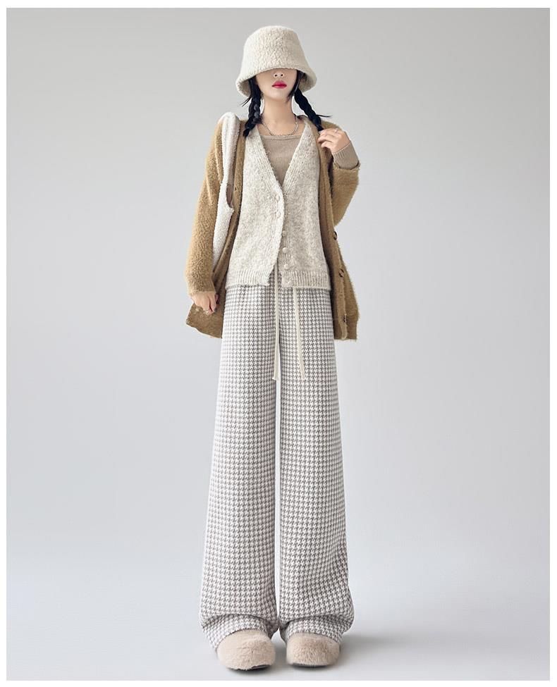 Houndstooth wide-leg pants for women in spring and autumn 2025 new small loose straight glutinous rice pants
