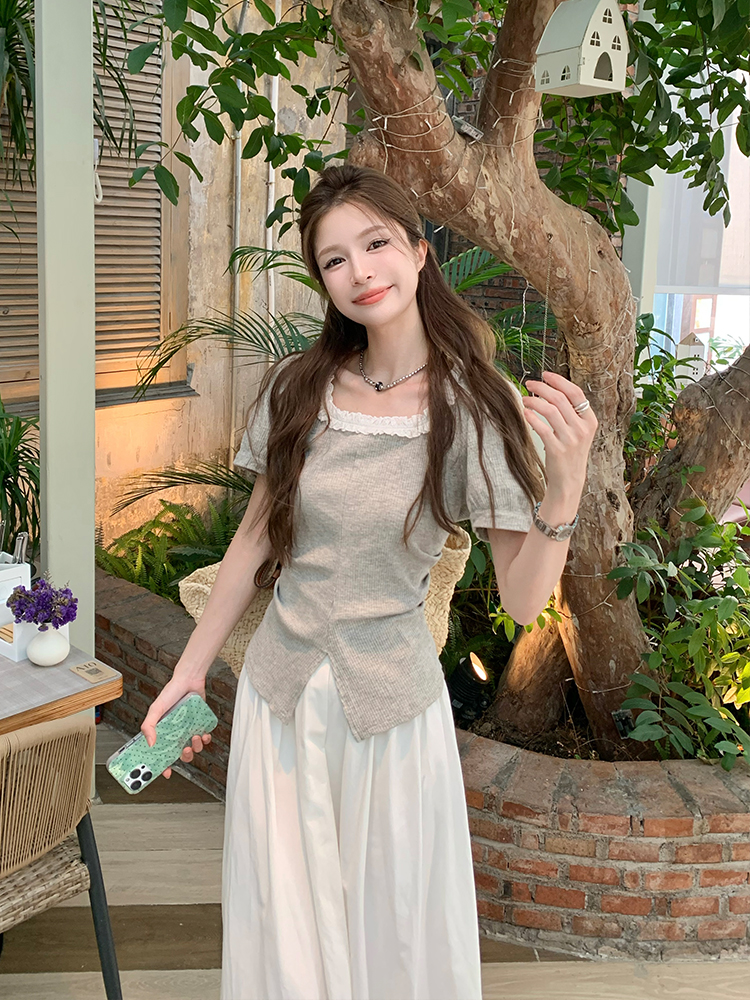 Real shot, design lace splicing short-sleeved T-shirt