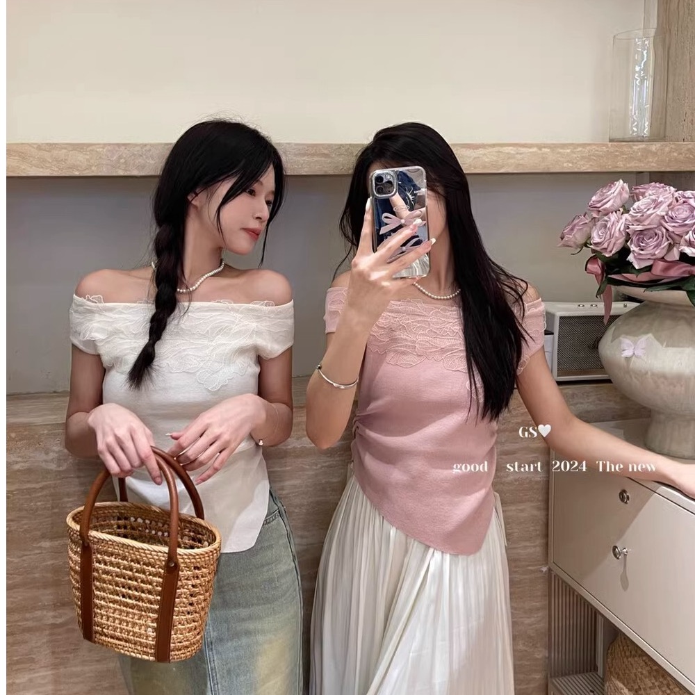 蕾絲拼接一字肩小眾獨特别致絕美上衣褶皺收腰不規則短袖t恤女夏