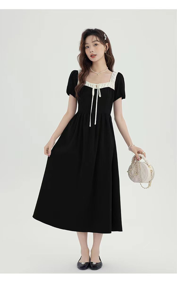 French large-size dress Fat MM summer new style high-end waist-hugging and slimming square collar tea skirt