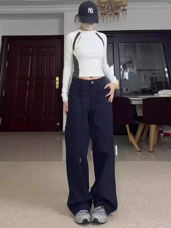 藏藍色美式休閒褲女秋季新款抽繩寬鬆闊腿褲子復古氣質