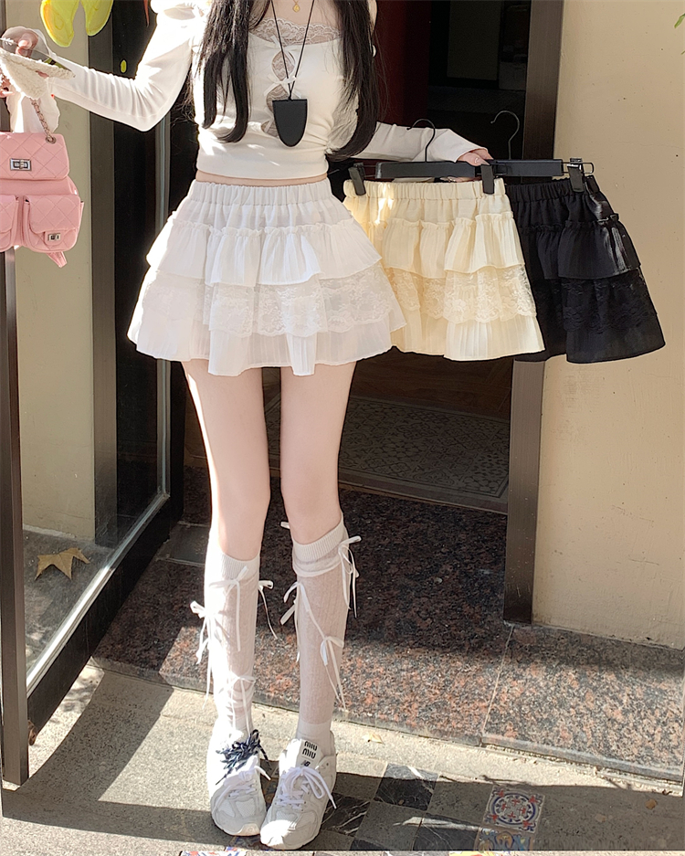 Real shot~White lace cake skirt for women new style ballet style small high waist A-line puffy skirt