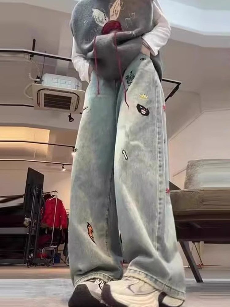 美式復古水洗淺藍刺繡直筒牛仔褲女春季高腰顯瘦闊腿褲ins潮