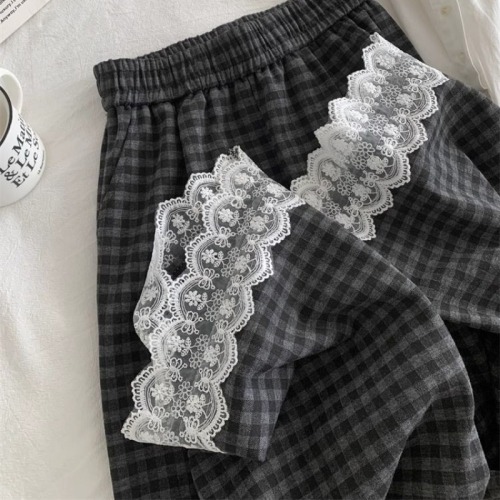 Extra large size 300 catties fashionable retro black and gray plaid pants lace lace wide-leg casual pants spring and autumn straight pants