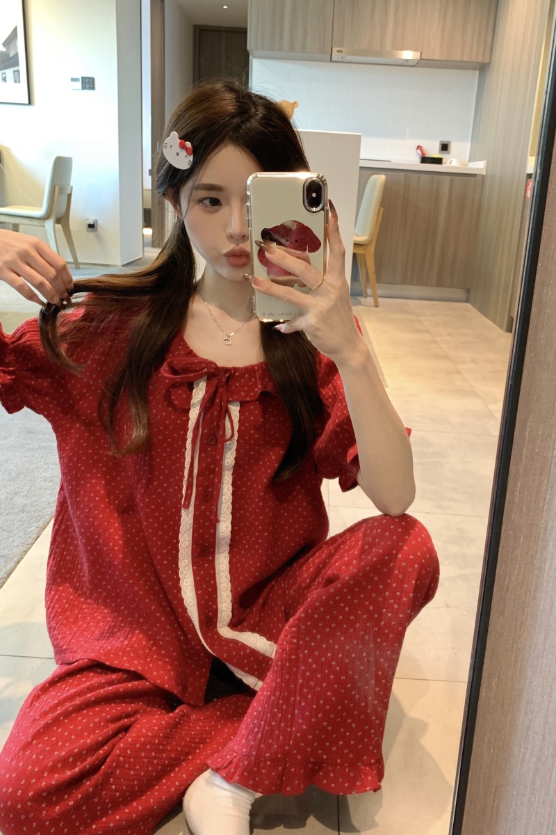 Real shot Korean version of sweet soft double yarn Angora red destiny good luck loose short-sleeved home clothing set