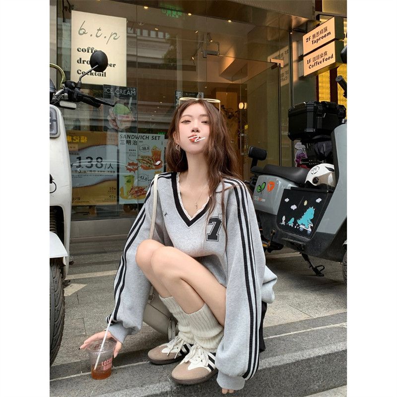 Original quality American letter printing V-neck long-sleeved sweatshirt for women early autumn lace spliced ​​loose top