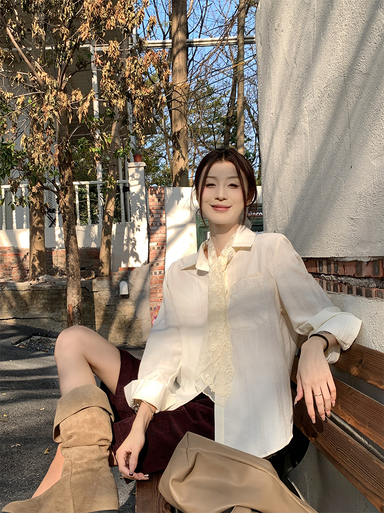 實拍 韓chic簡約氣質百搭襯衫送絲巾+燈芯絨短褲
