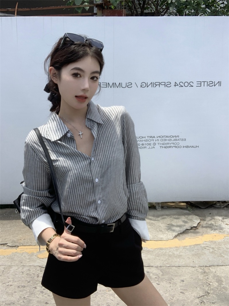 Real shot of 2025 spring new retro modern striped shirt + casual shorts straight suit pants