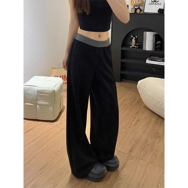 高質量人棉黑色拼接直筒休閒褲女春韓版高腰鬆緊腰闊腿運動褲子